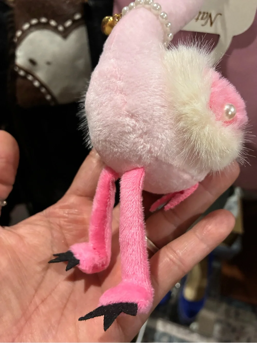 Natasha Pink Plush Flamingo Keychain with Pearl Necklace and Gold Heart